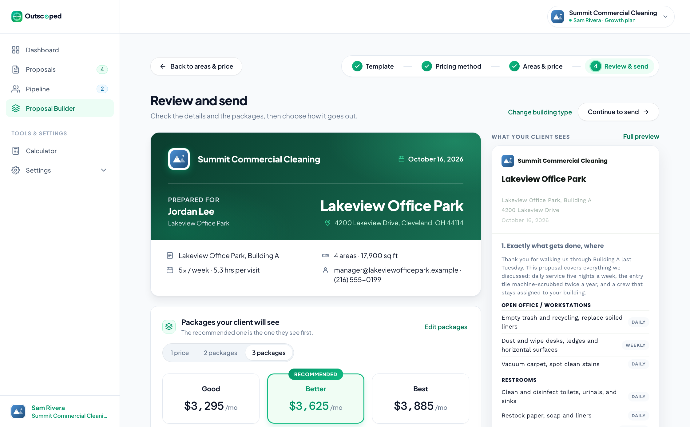 Outscoped proposal review screen showing scope pricing and package options